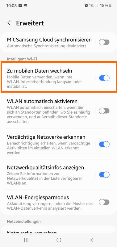 Vorsicht vor Wechsel in Mobilnetz bei schlechtem WLAN bei Android